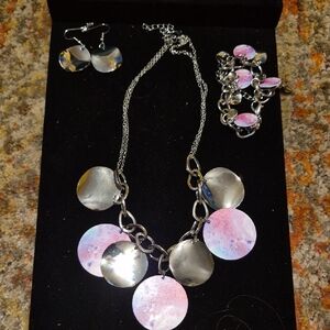 Silver-Tone Pink Disc Statement Necklace and Earring Set